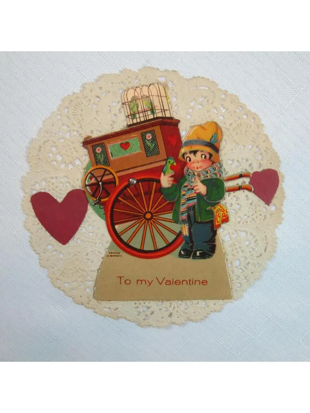 Vintage 1931 Valentine Card Mechanical Boy w/ Birds Wagon Own True Love Germany